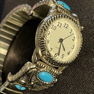 Silvertone Watch with Faux Turquoise Accents